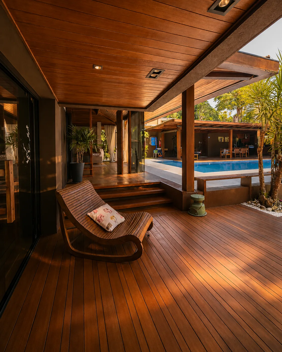 Varanda com espreguiçadeira e deck de madeira integrados à piscina da Casa Paraíso