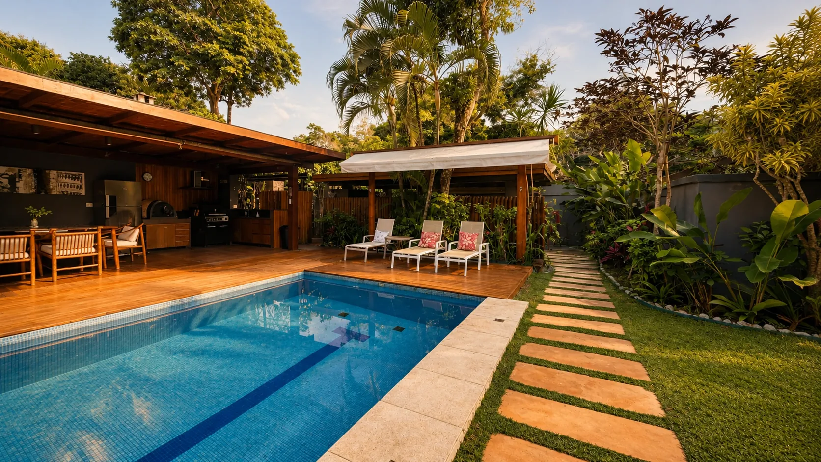 Piscina privativa da Casa Paraíso em um dia de sol, com deck, caminho de pedras e o jardim tropical ao redor
