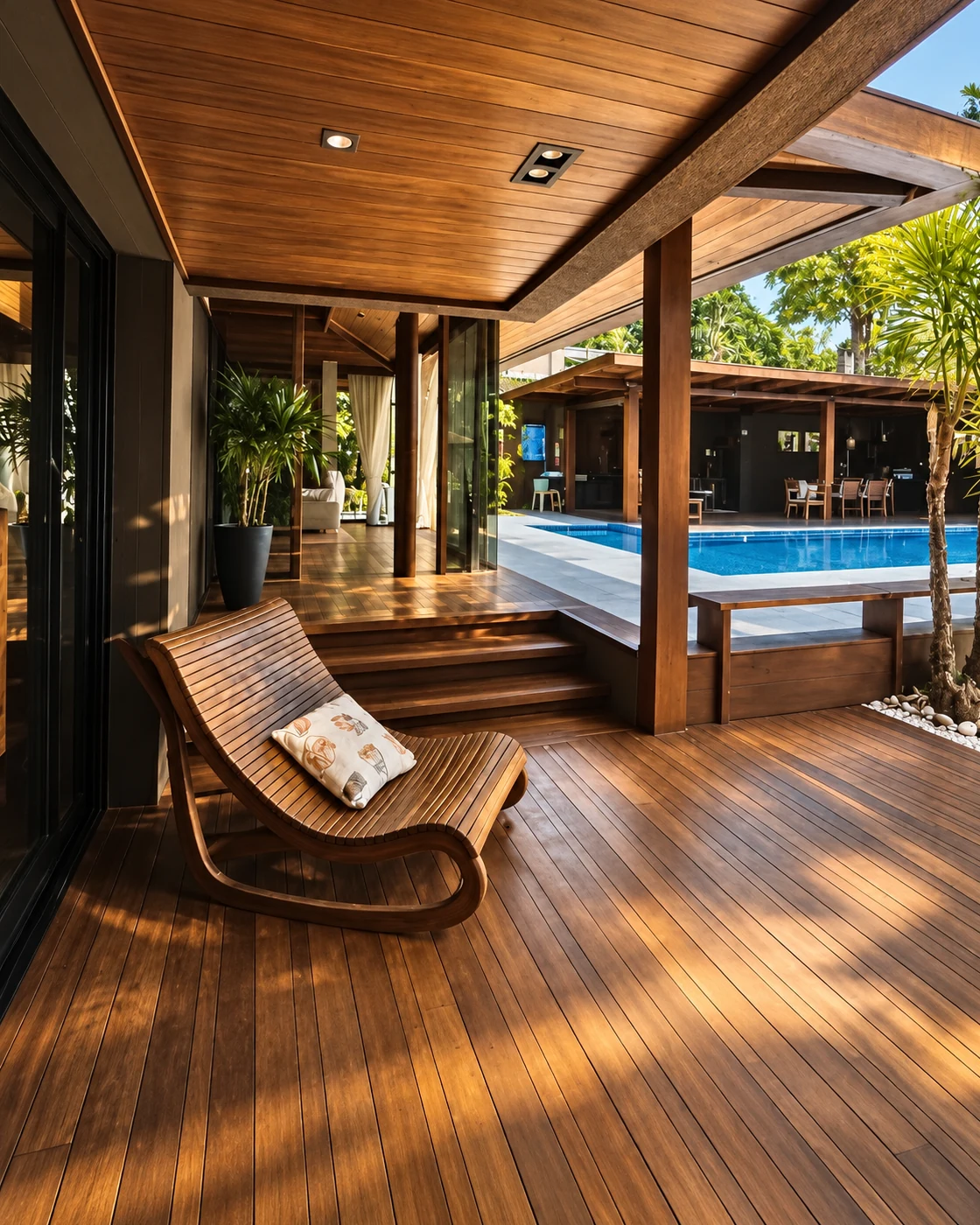 Varanda com espreguiçadeira e deck de madeira integrados à piscina da Casa Paraíso